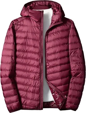 Mens Packable Lightweight Puffy Hooded Winter Coat Windproof Zipper Down Jacket Down Puffer Jacket with Hood