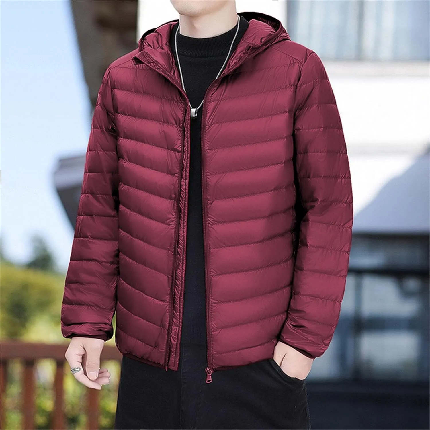 Mens Packable Lightweight Puffy Hooded Winter Coat Windproof Zipper Down Jacket Down Puffer Jacket with Hood