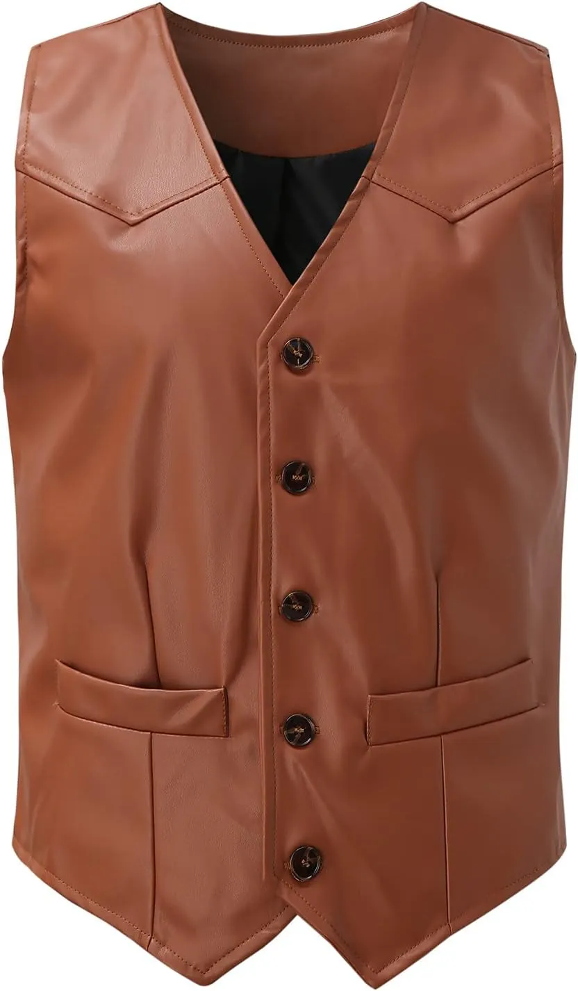 Men's Retro Faux Leather Vest Sleeveless Single-Breasted Casual Western Cowboy Suit Vest Jacket Vintage Slim Fit Waistcoat