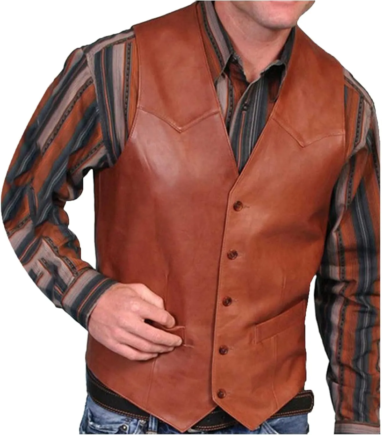 Men's Retro Faux Leather Vest Sleeveless Single-Breasted Casual Western Cowboy Suit Vest Jacket Vintage Slim Fit Waistcoat