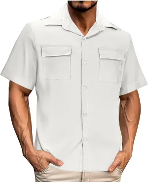Mens Short Sleeve Button Down Shirts Summer Beach Dressy Casual Loose Lapel Collar Work Business Tops with Pockets