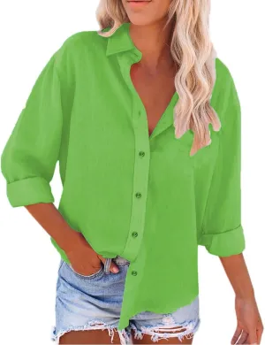 Summer Cotton Linen Shirts for Women Trendy Casual Long Sleeve Button Oversized Tshirts Ladies Work Tops