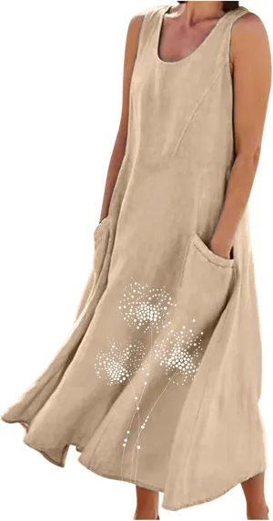 Summer Dresses for Women Casual Sleeveless Cotton Linen Elegante Maxi Dress Plus Size Floral Sundresses with Pockets