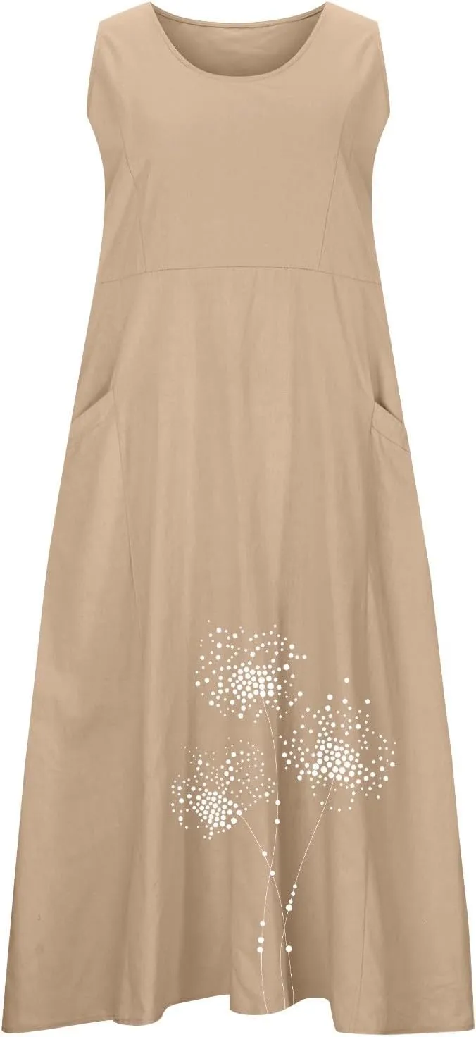Summer Dresses for Women Casual Sleeveless Cotton Linen Elegante Maxi Dress Plus Size Floral Sundresses with Pockets