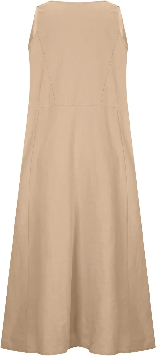 Summer Dresses for Women Casual Sleeveless Cotton Linen Elegante Maxi Dress Plus Size Floral Sundresses with Pockets