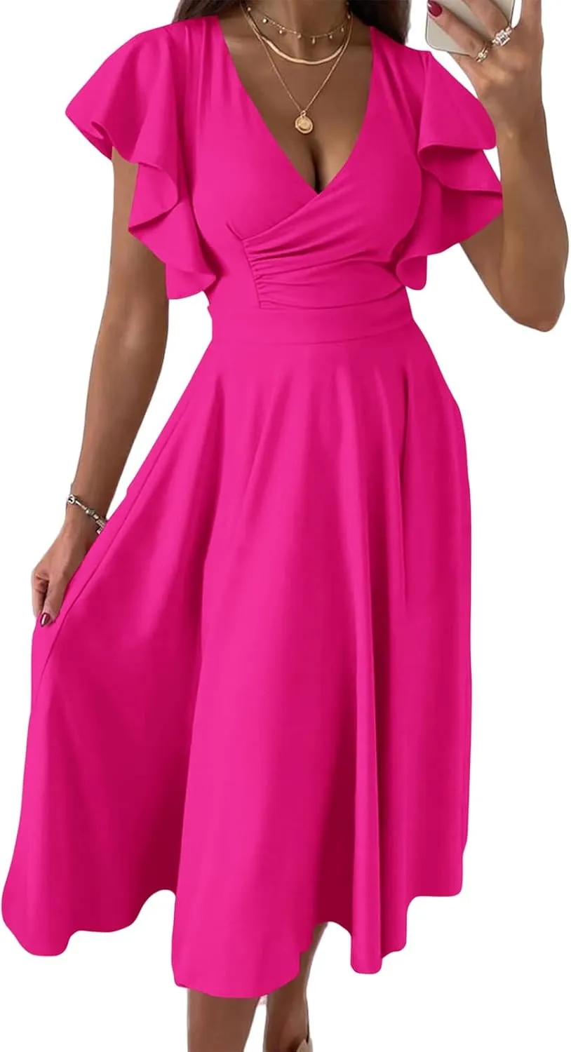 Summer Midi Dresses for Women V Neck Elegant Party Dress Short Sleeve A Line Dress Cocktail Wedding Guest Sundress