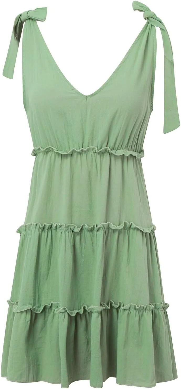 Sun Dresses Women Stetchy Fitted Tiered Ruffle Hem V Neck Tie Strap Mini Dresses Comfy Summer Beach Swimsuit Coverup