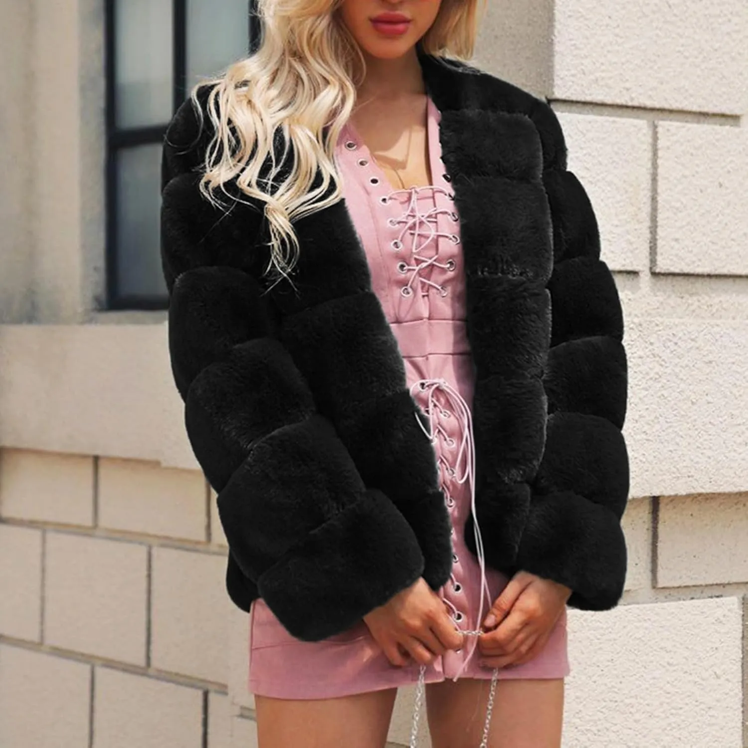 Women Fuzzy Jacket Fluffy Faux Fur Open Front Cardigan 2024 Winter Trendy Warm Solid Color Long Sleeve Coat Outerwear