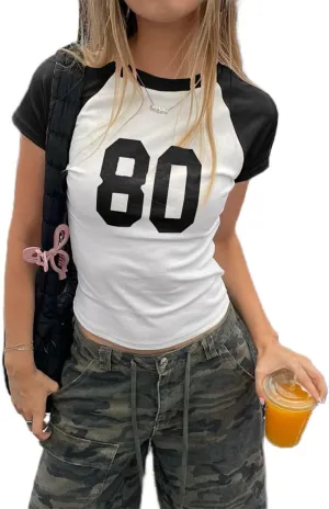 Women Number Baby Tees Short Sleeve Jersey Crop Top Slim Fit Crewneck Shirt Y2k Graphic T-Shirt Vintage Summer Top
