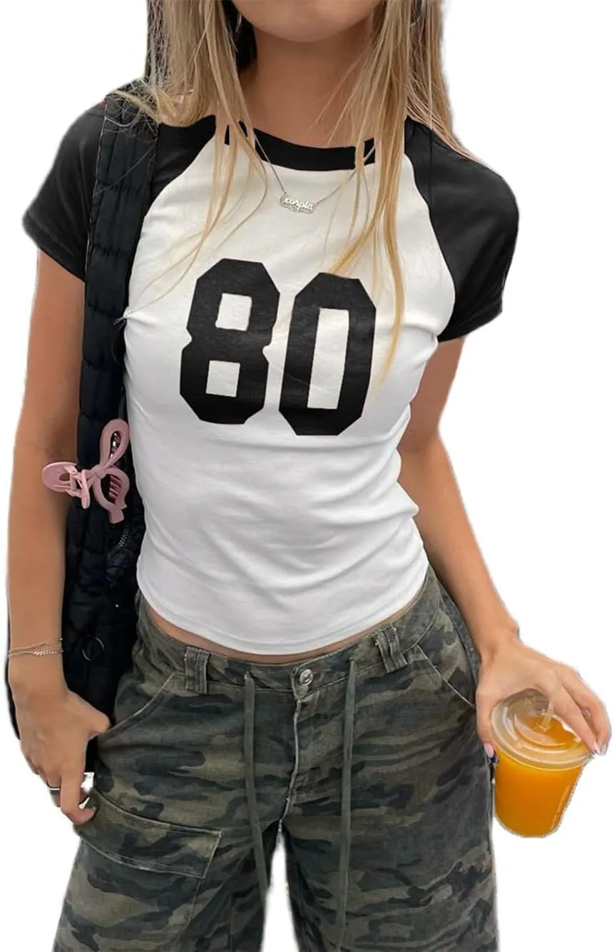 Women Number Baby Tees Short Sleeve Jersey Crop Top Slim Fit Crewneck Shirt Y2k Graphic T-Shirt Vintage Summer Top