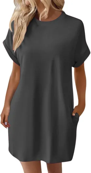 Womens Casual Summer T Shirt Dress Short Sleeve Crewneck Loose Mini Sundress Solid Nightgown Dress with Pocket