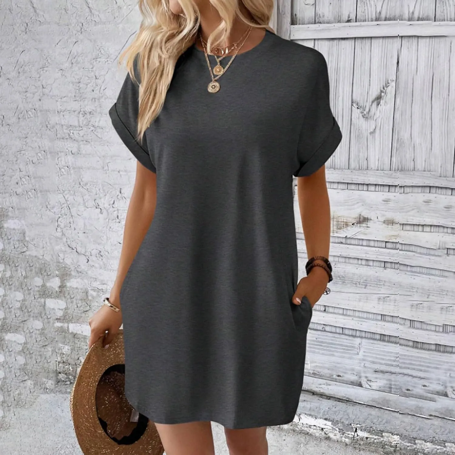 Womens Casual Summer T Shirt Dress Short Sleeve Crewneck Loose Mini Sundress Solid Nightgown Dress with Pocket