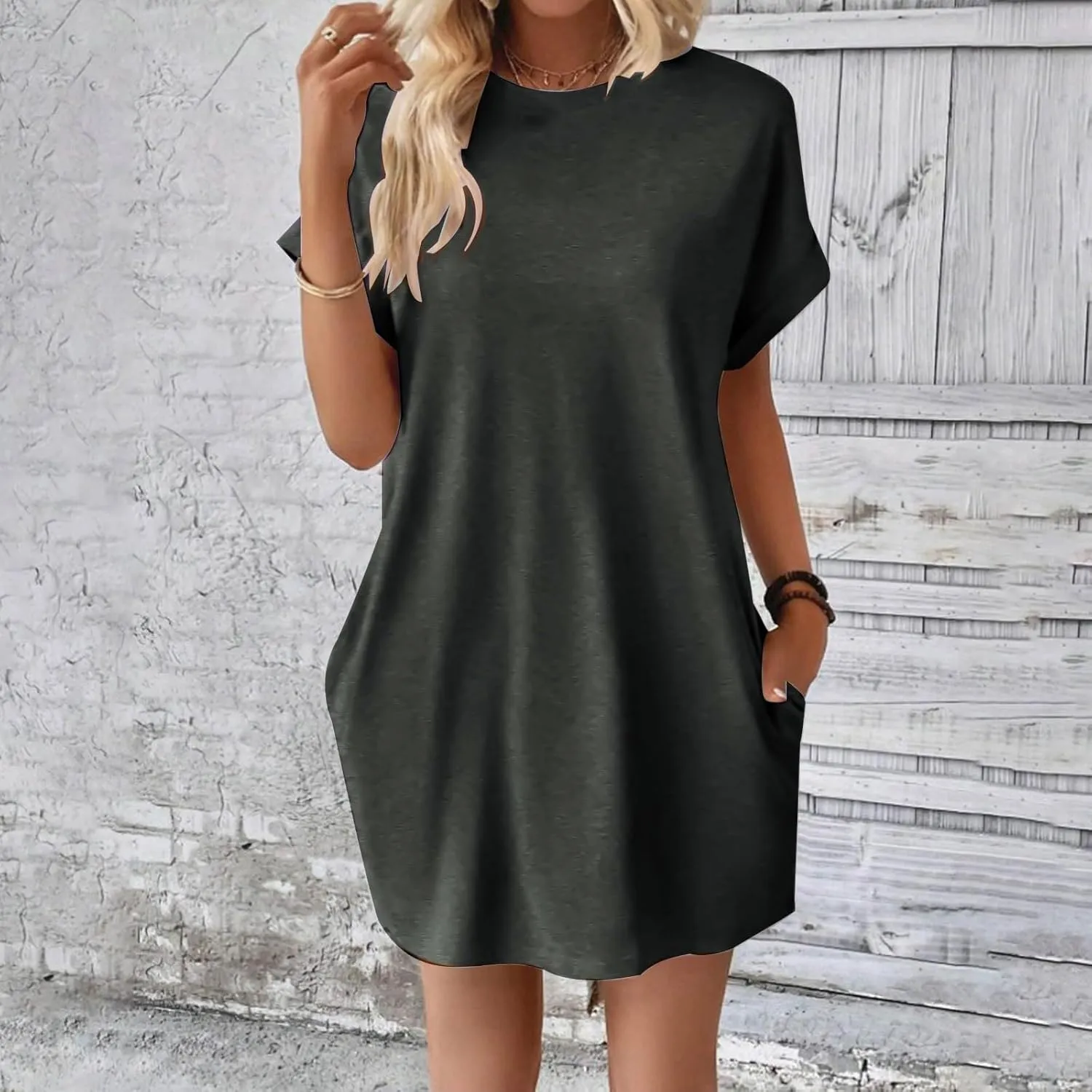 Womens Casual Summer T Shirt Dress Short Sleeve Crewneck Loose Mini Sundress Solid Nightgown Dress with Pocket