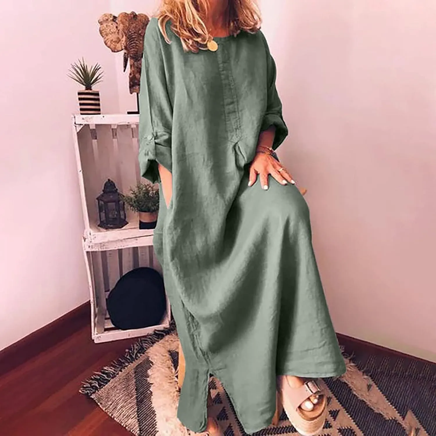 Womens Cotton Linen Maxi Dress 2025 Summer Boho Casual Beach Dresses Solid Long Dress Fashion Vacation Outfits