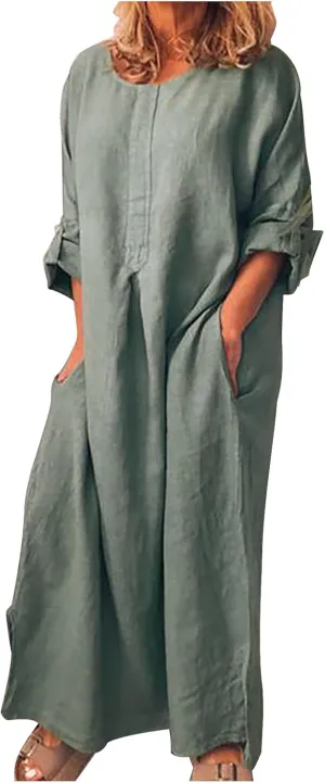 Womens Cotton Linen Maxi Dress 2025 Summer Boho Casual Beach Dresses Solid Long Dress Fashion Vacation Outfits