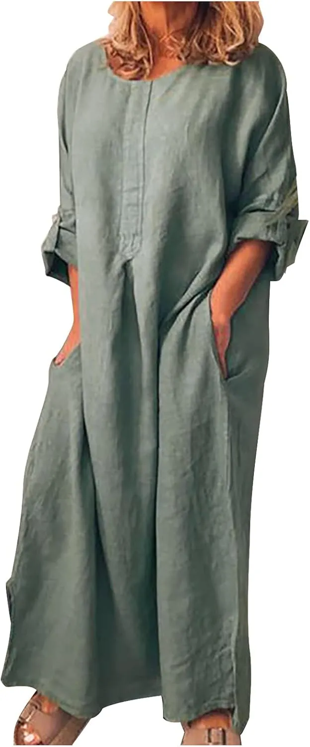 Womens Cotton Linen Maxi Dress 2025 Summer Boho Casual Beach Dresses Solid Long Dress Fashion Vacation Outfits