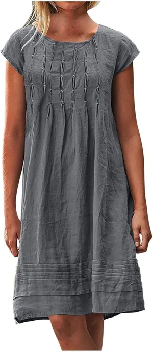 Womens Cotton Linen Midi Dress Plus Size Cap Sleeve Pleated Summer Dresses Vacation 2025 Crew Neck Casual Sundress
