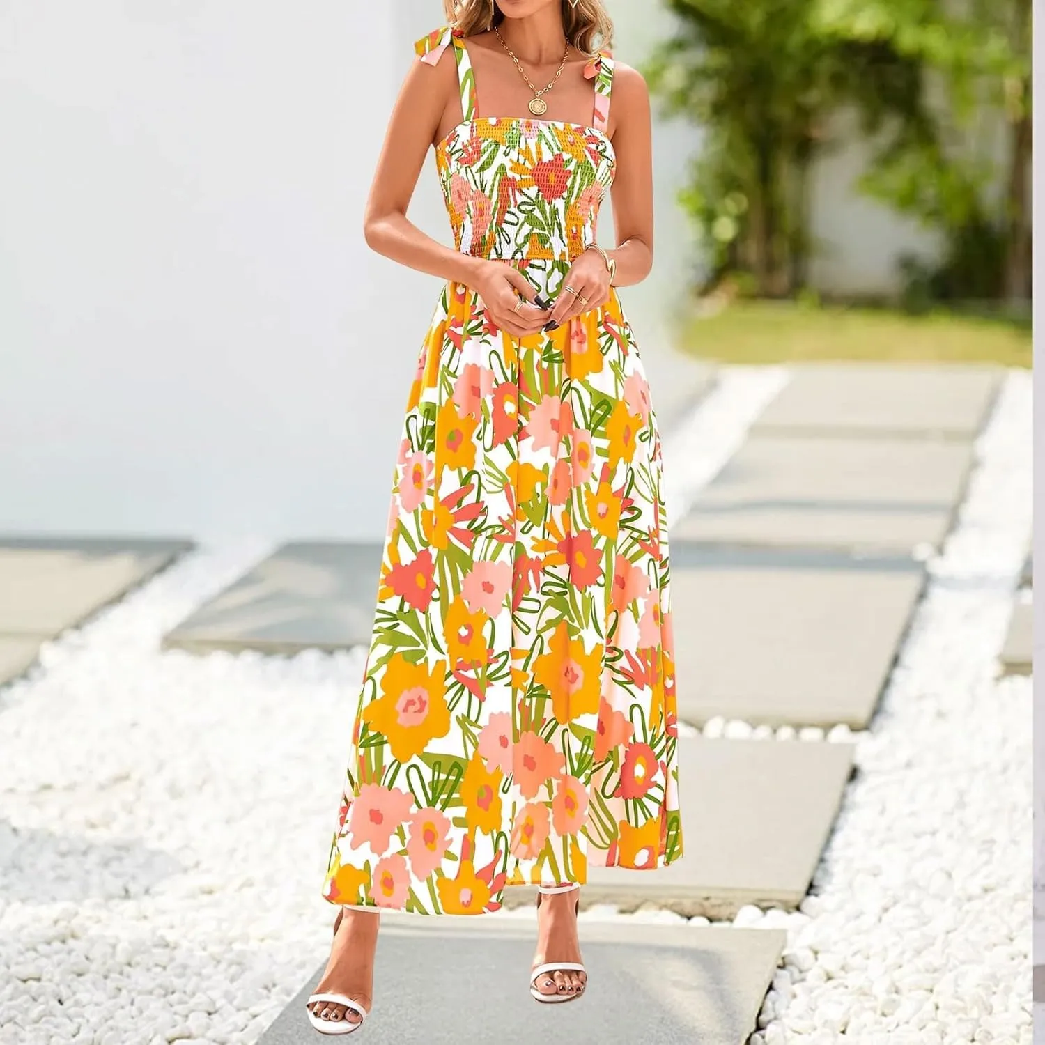 Womens Dresses 2025 Summer Floral Sleeveless Maxi Dress Casual Spaghetti Strap Tiered Flowy Beach Long Dress