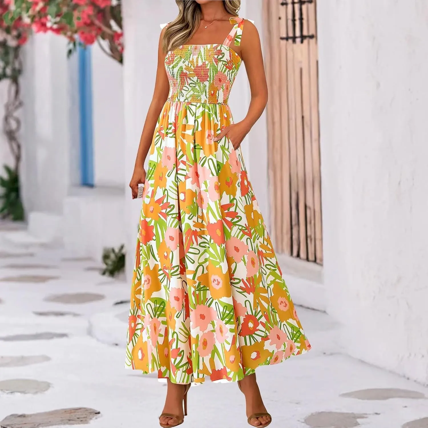 Womens Dresses 2025 Summer Floral Sleeveless Maxi Dress Casual Spaghetti Strap Tiered Flowy Beach Long Dress