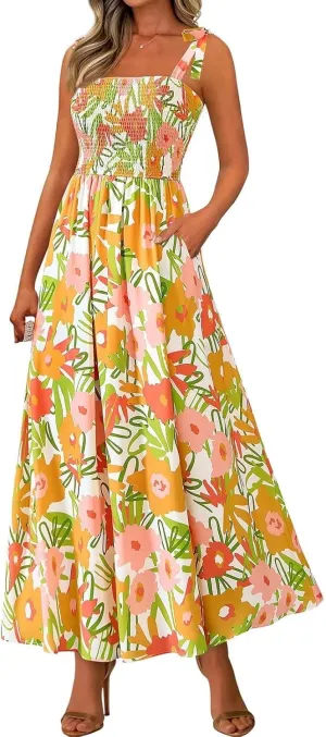 Womens Dresses 2025 Summer Floral Sleeveless Maxi Dress Casual Spaghetti Strap Tiered Flowy Beach Long Dress