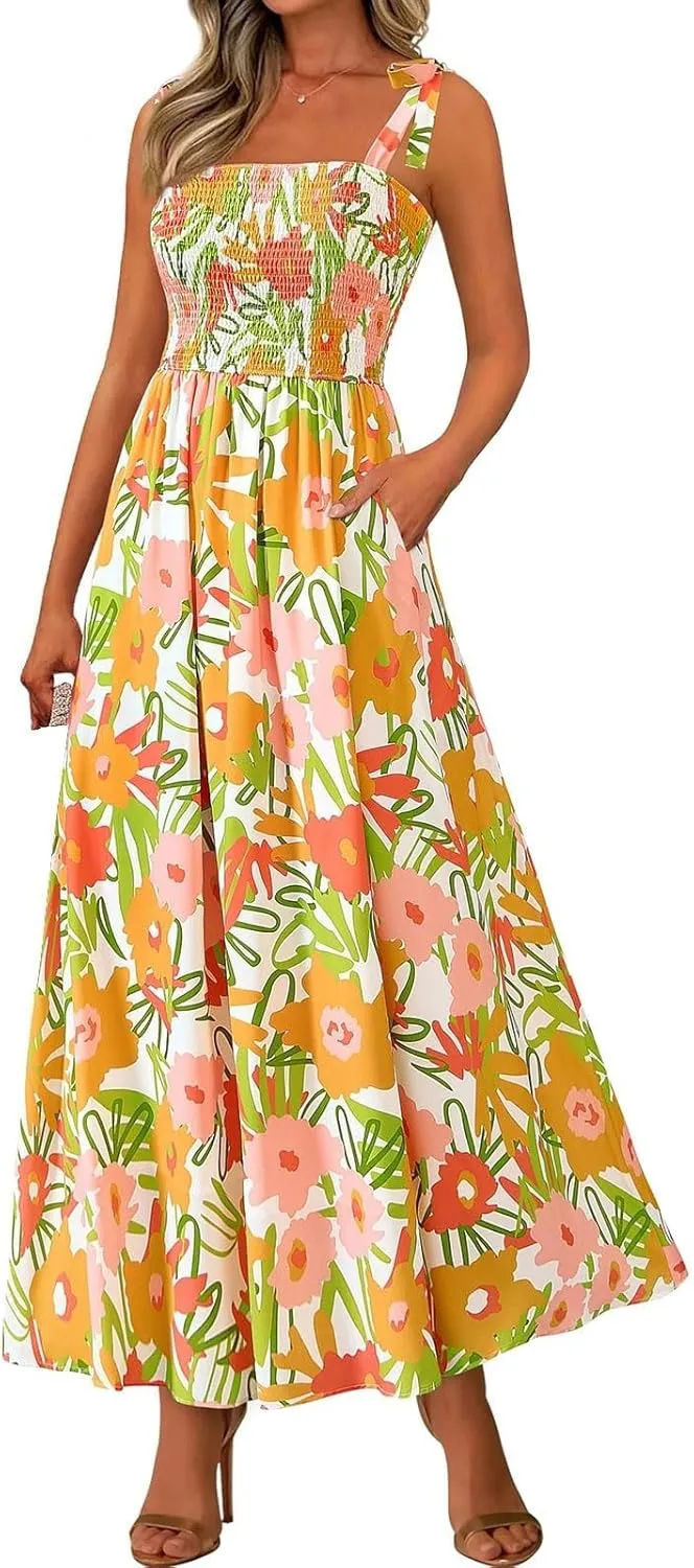 Womens Dresses 2025 Summer Floral Sleeveless Maxi Dress Casual Spaghetti Strap Tiered Flowy Beach Long Dress