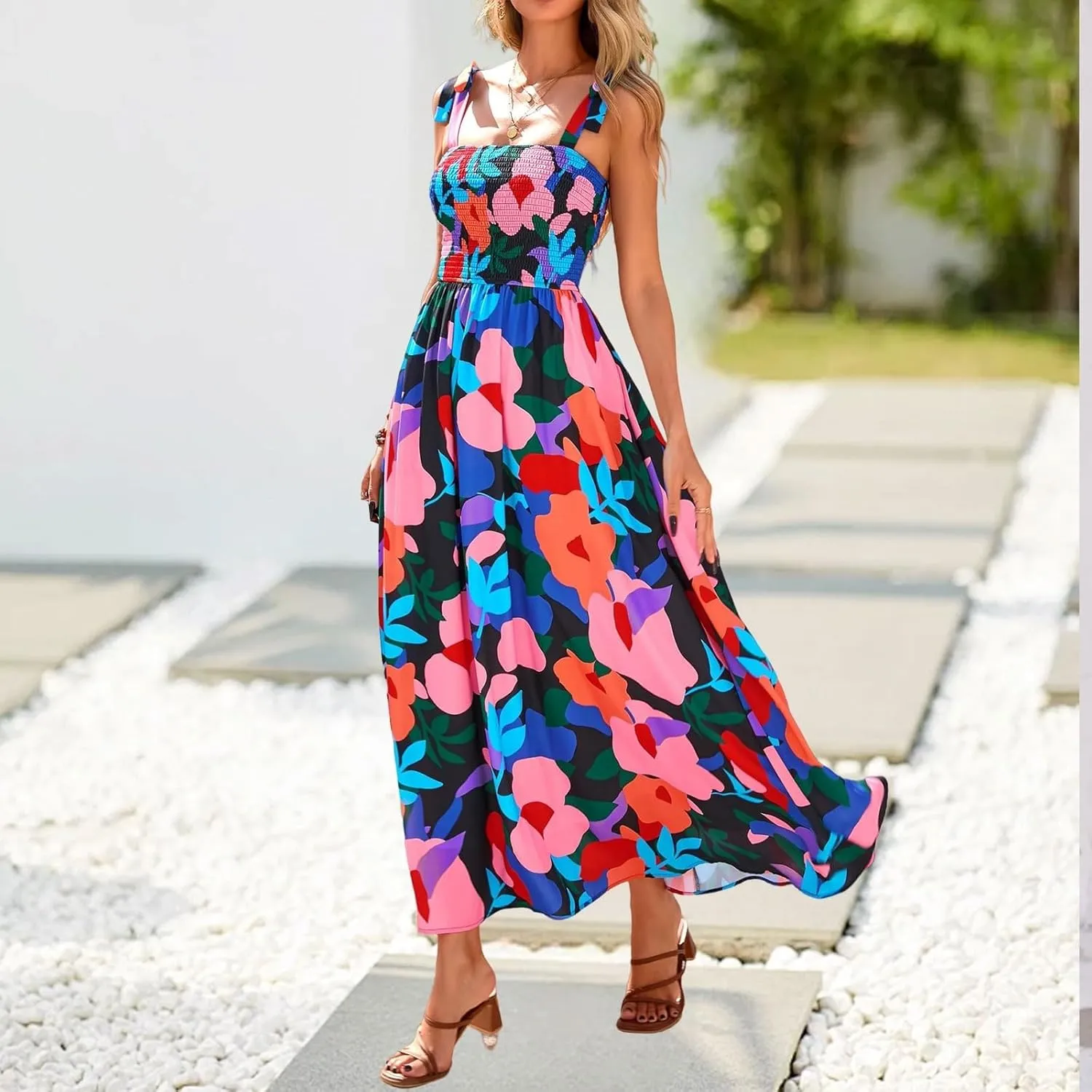 Womens Dresses 2025 Summer Floral Sleeveless Maxi Dress Casual Spaghetti Strap Tiered Flowy Beach Long Dress