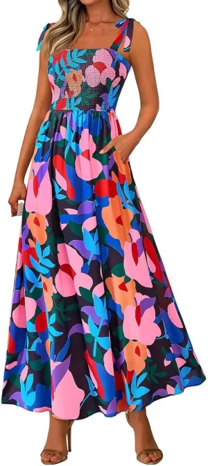 Womens Dresses 2025 Summer Floral Sleeveless Maxi Dress Casual Spaghetti Strap Tiered Flowy Beach Long Dress