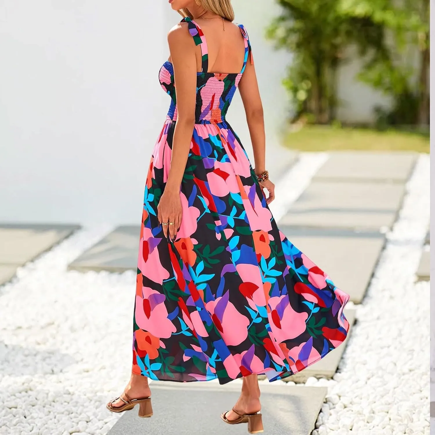 Womens Dresses 2025 Summer Floral Sleeveless Maxi Dress Casual Spaghetti Strap Tiered Flowy Beach Long Dress