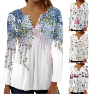 Womens Long Sleeve Tops Trendy 2024 Boho Floral Print Button v Neck Tunic Shirts Fall Fashion Casual Henley Blouses