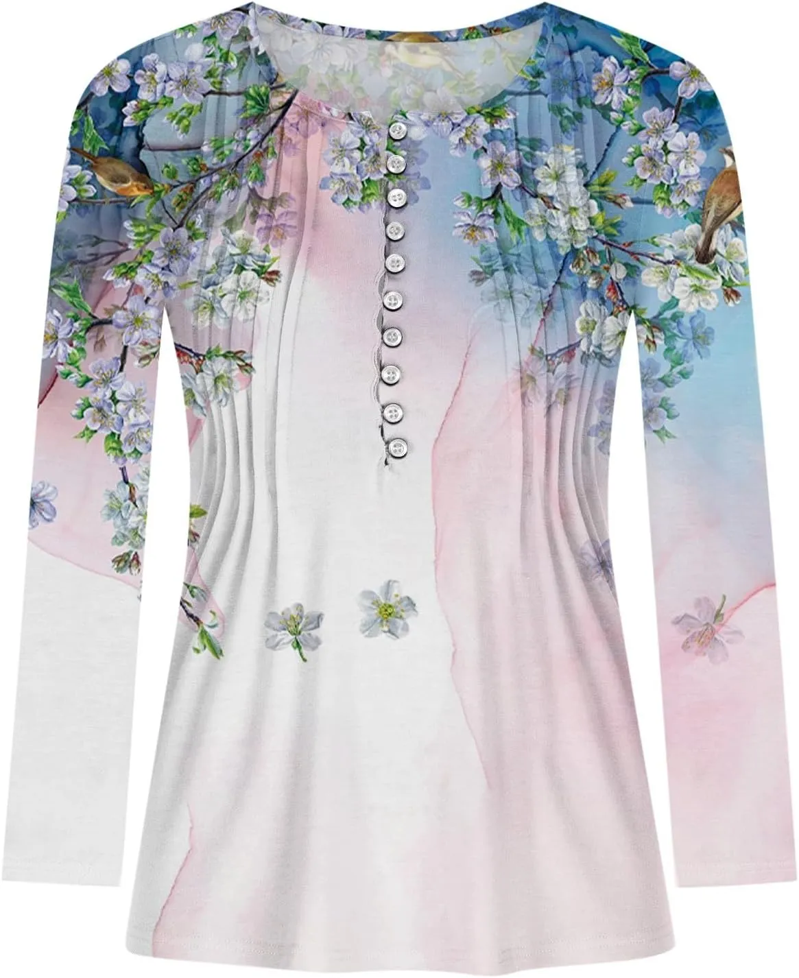 Womens Long Sleeve Tops Trendy 2024 Boho Floral Print Button v Neck Tunic Shirts Fall Fashion Casual Henley Blouses