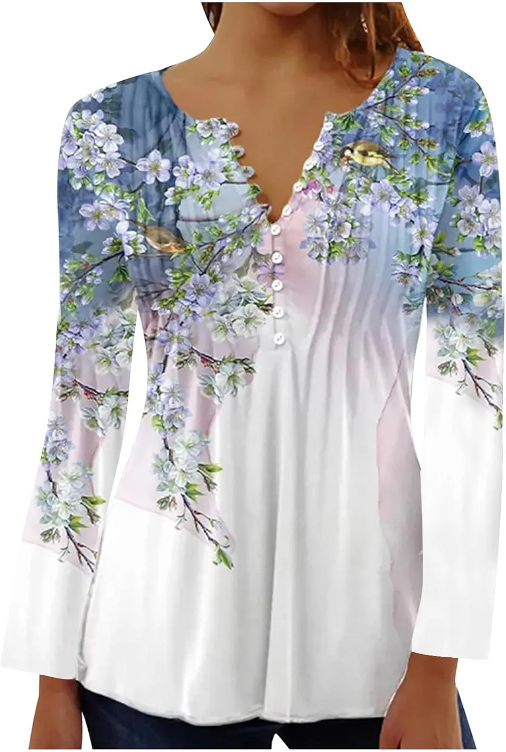 Womens Long Sleeve Tops Trendy 2024 Boho Floral Print Button v Neck Tunic Shirts Fall Fashion Casual Henley Blouses