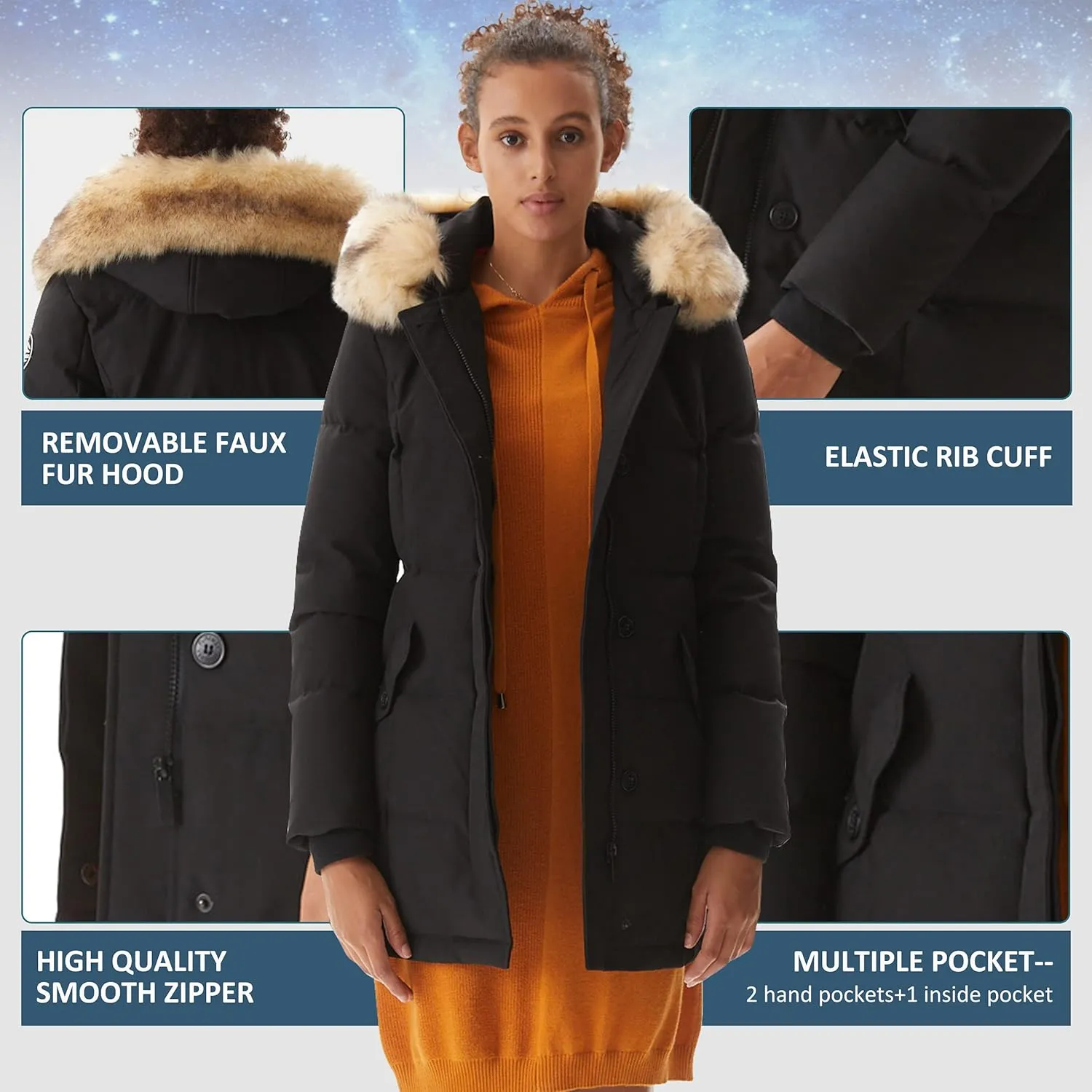 Women's Padded Jacket, Ladies Fur Hooded Thickened Vegan Down Long Parka Winter Outwear Warm Puffer Coat XS-XXL