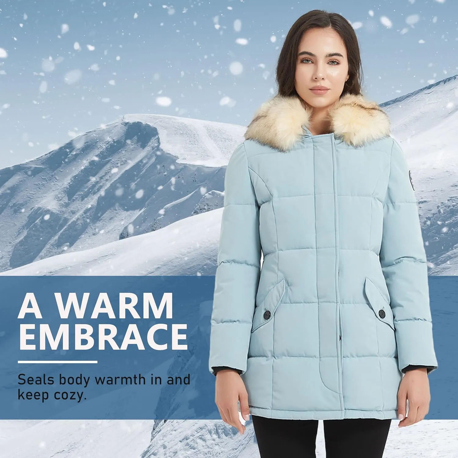Women's Padded Jacket, Ladies Fur Hooded Thickened Vegan Down Long Parka Winter Outwear Warm Puffer Coat XS-XXL