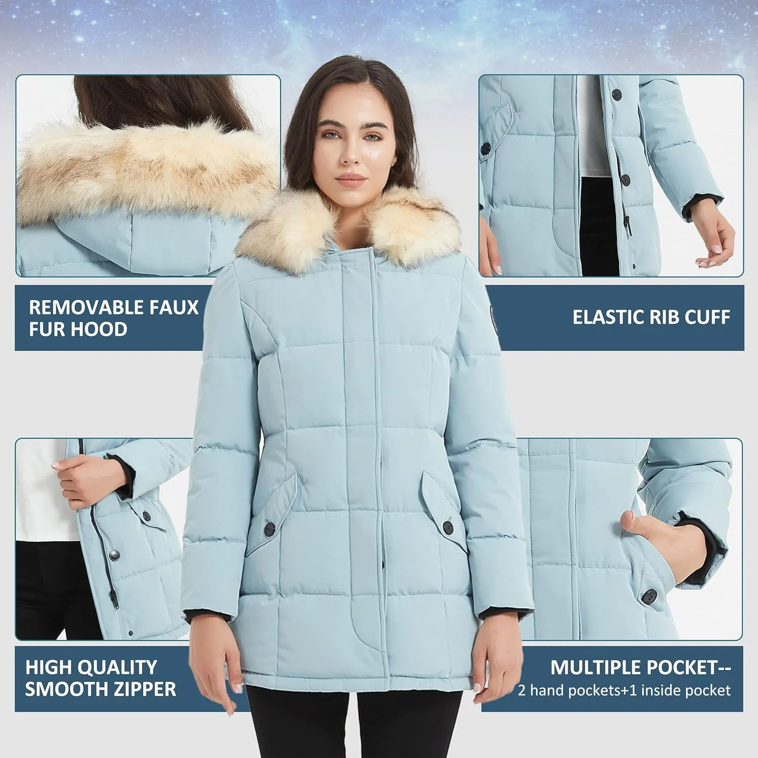 Women's Padded Jacket, Ladies Fur Hooded Thickened Vegan Down Long Parka Winter Outwear Warm Puffer Coat XS-XXL
