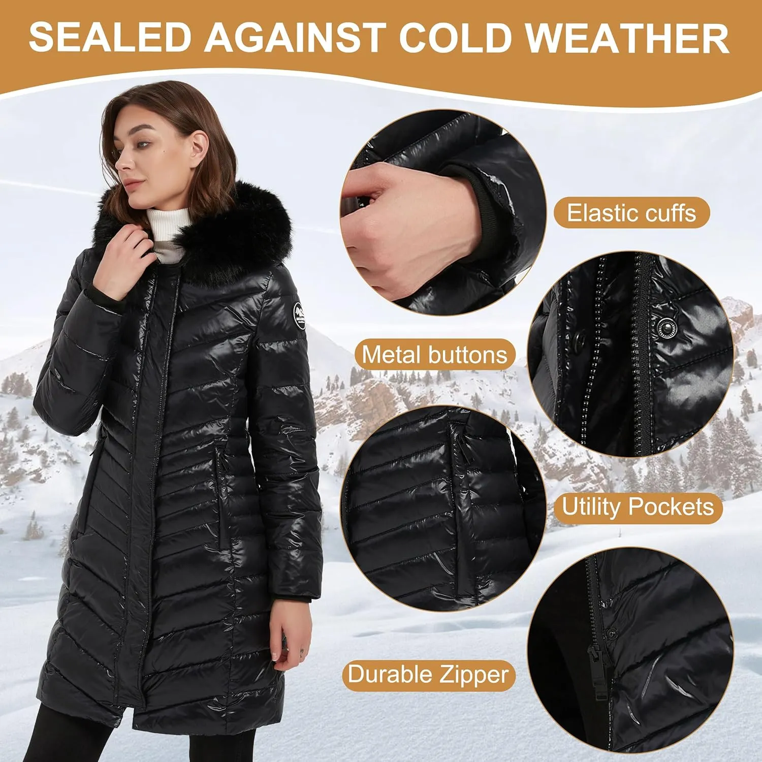 Women's Padded Jacket, Thicken Parka Faux Fur Vegan Down Long Parka Winter Jacket Warm Hooded Outwear XS-XXL