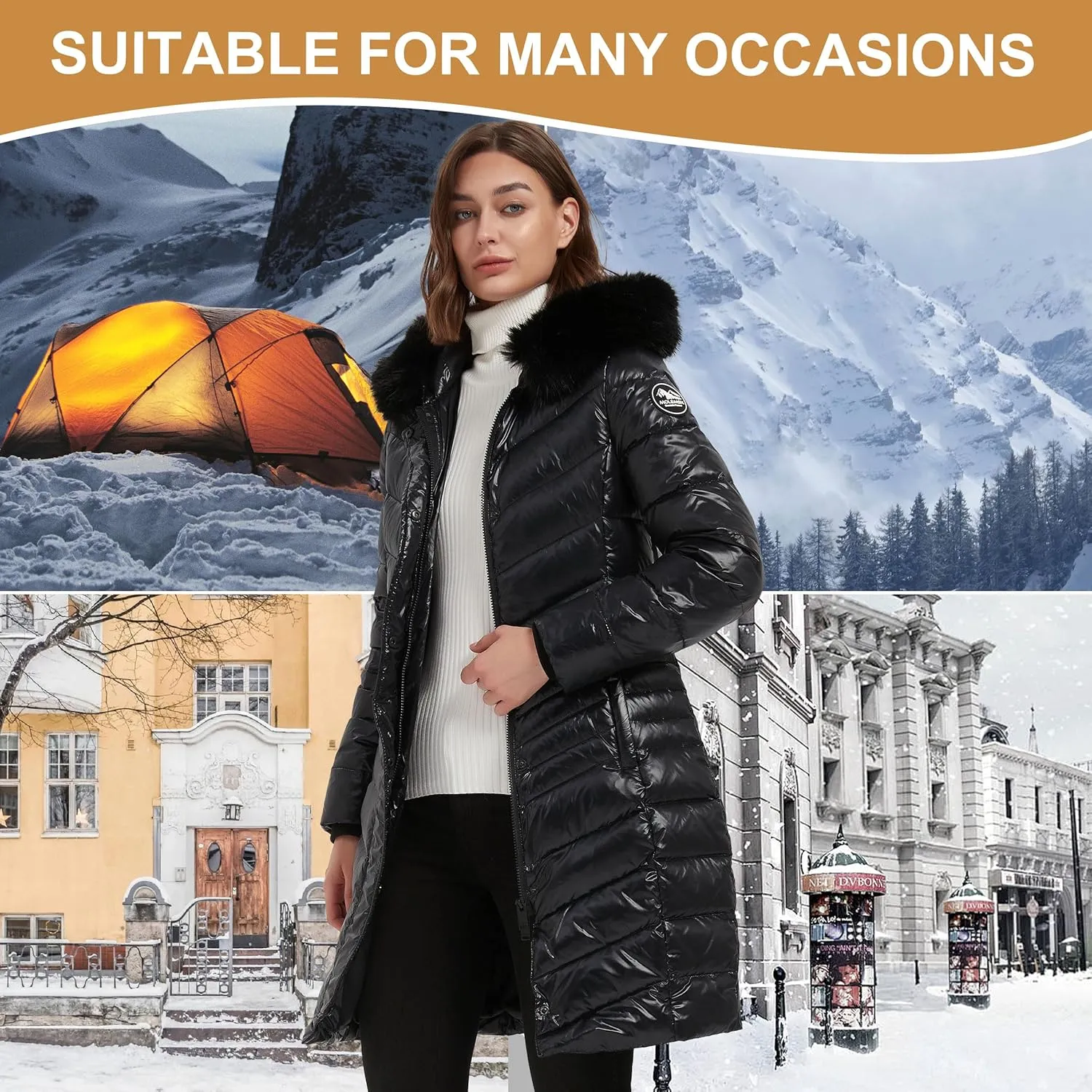 Women's Padded Jacket, Thicken Parka Faux Fur Vegan Down Long Parka Winter Jacket Warm Hooded Outwear XS-XXL
