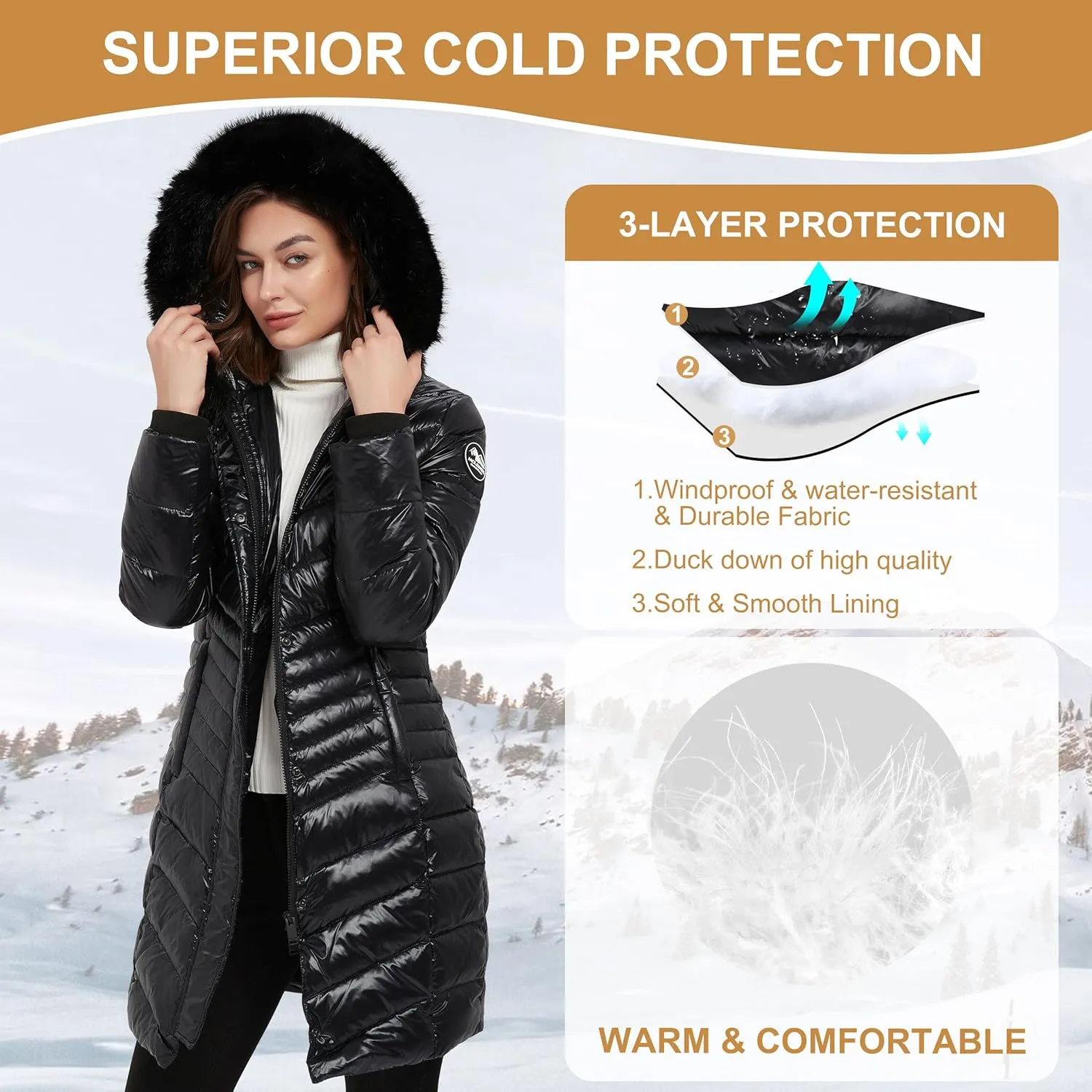 Women's Padded Jacket, Thicken Parka Faux Fur Vegan Down Long Parka Winter Jacket Warm Hooded Outwear XS-XXL