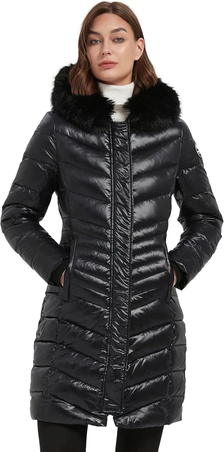 Women's Padded Jacket, Thicken Parka Faux Fur Vegan Down Long Parka Winter Jacket Warm Hooded Outwear XS-XXL