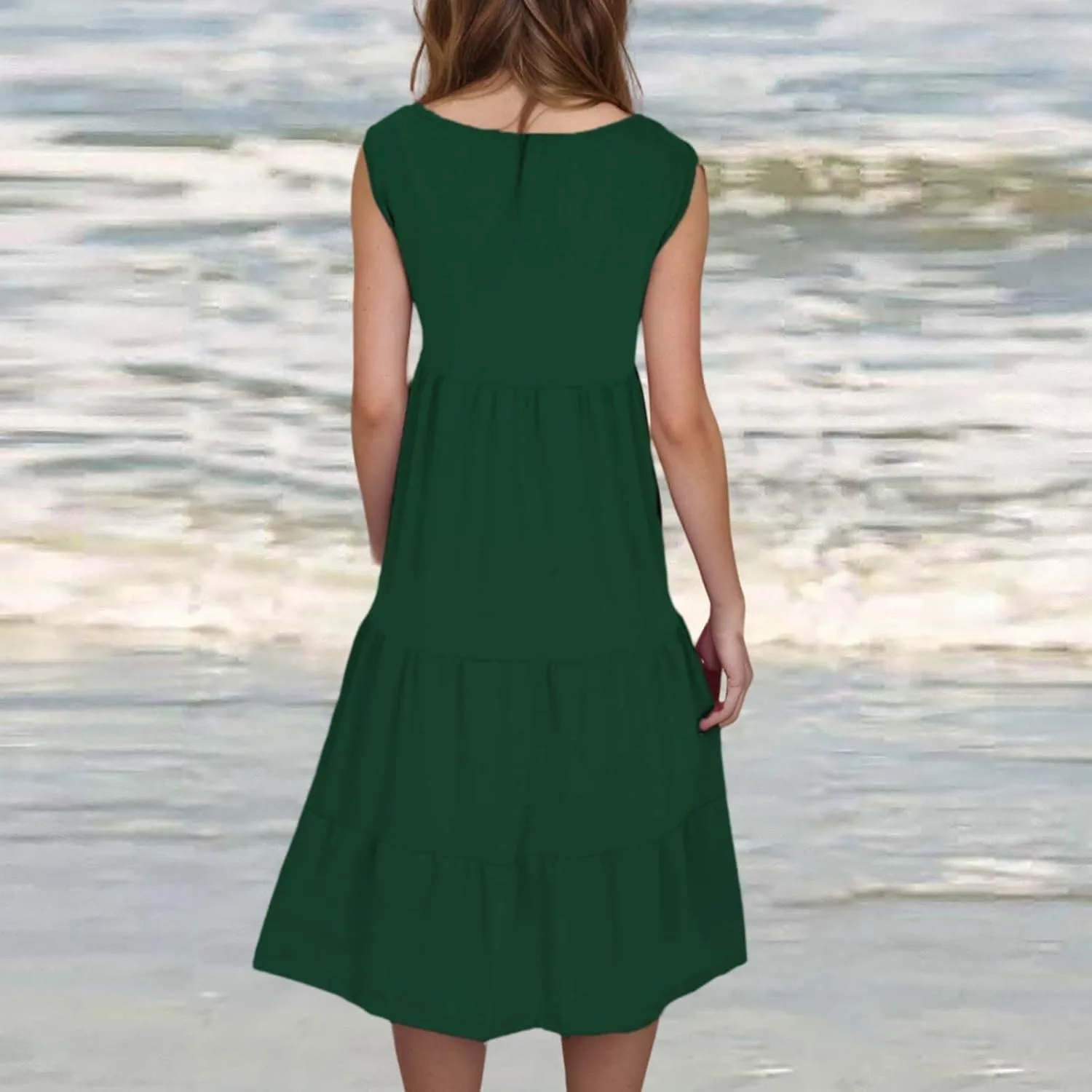Womens Sleeveless Swing Dress Beach Cover Ups Casual Scoop Neck Ruffle Tiered Sundress Summer Loose Fit Tank Dresses