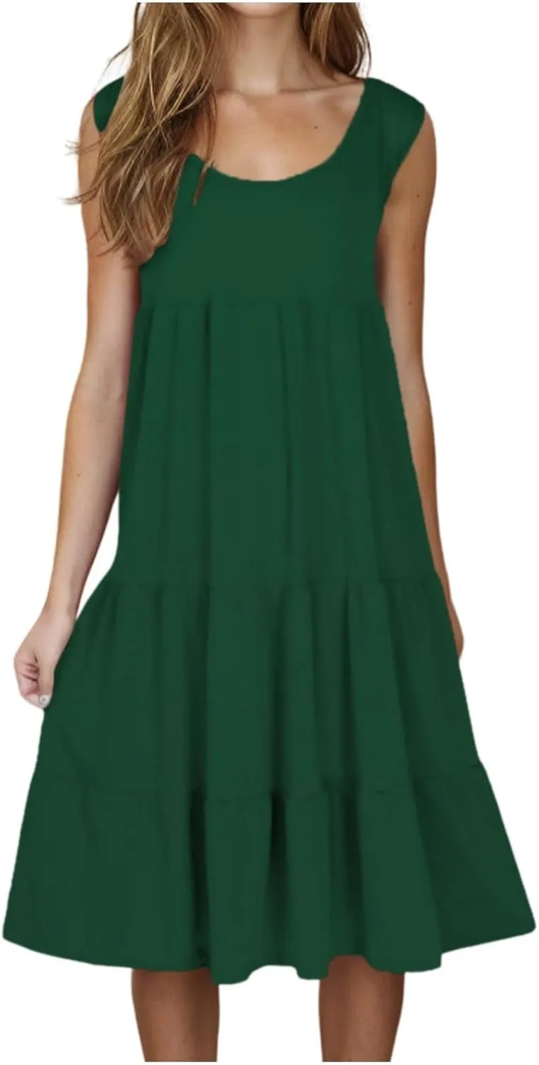 Womens Sleeveless Swing Dress Beach Cover Ups Casual Scoop Neck Ruffle Tiered Sundress Summer Loose Fit Tank Dresses