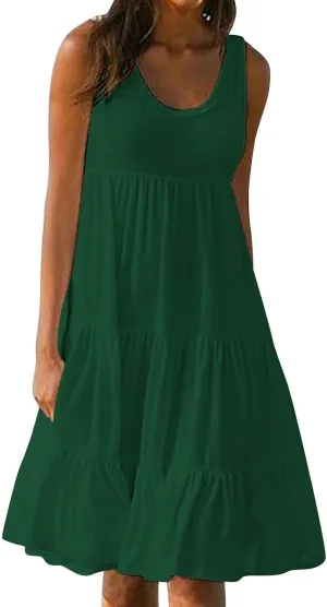 Womens Sleeveless Swing Dress Beach Cover Ups Casual Scoop Neck Ruffle Tiered Sundress Summer Loose Fit Tank Dresses