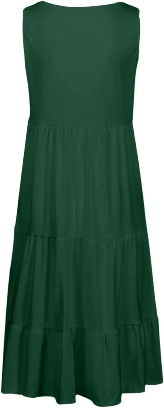 Womens Sleeveless Swing Dress Beach Cover Ups Casual Scoop Neck Ruffle Tiered Sundress Summer Loose Fit Tank Dresses