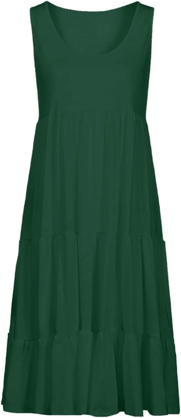 Womens Sleeveless Swing Dress Beach Cover Ups Casual Scoop Neck Ruffle Tiered Sundress Summer Loose Fit Tank Dresses