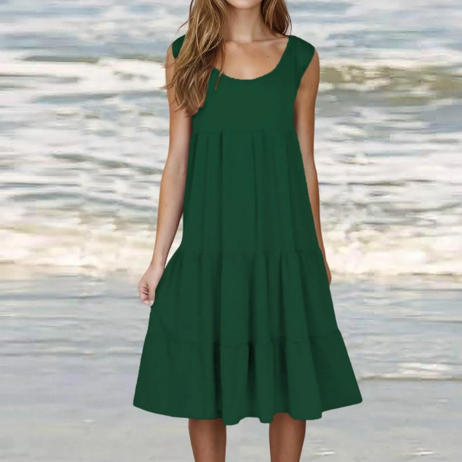 Womens Sleeveless Swing Dress Beach Cover Ups Casual Scoop Neck Ruffle Tiered Sundress Summer Loose Fit Tank Dresses
