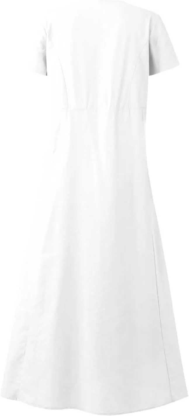 Women's Summer Cotton Linen Midi Dress 2025 Vacation Short Sleeve Scoop Neck Flowy Dresses Loose Comfy Beach Sundress