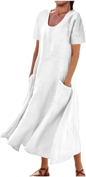 Women's Summer Cotton Linen Midi Dress 2025 Vacation Short Sleeve Scoop Neck Flowy Dresses Loose Comfy Beach Sundress