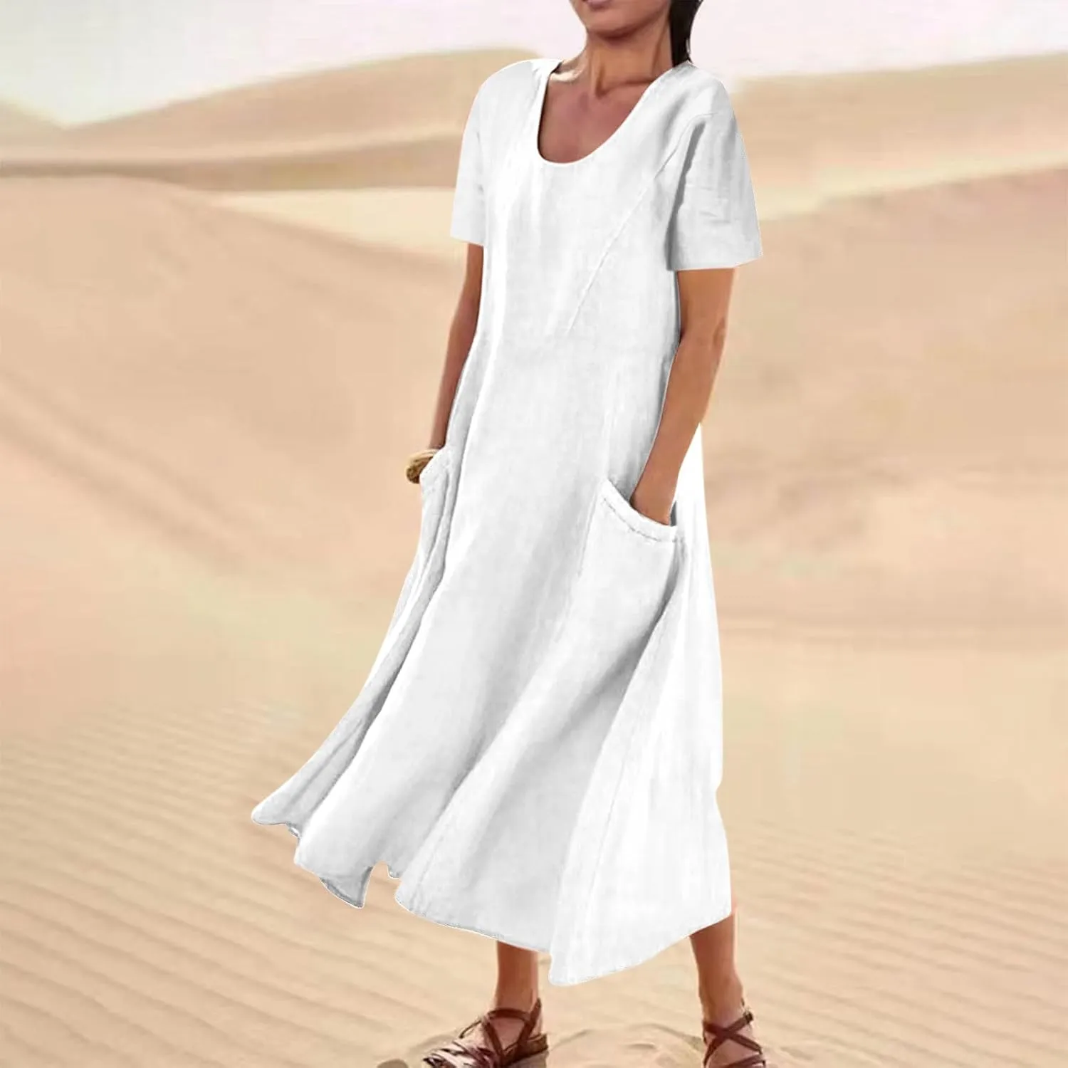 Women's Summer Cotton Linen Midi Dress 2025 Vacation Short Sleeve Scoop Neck Flowy Dresses Loose Comfy Beach Sundress