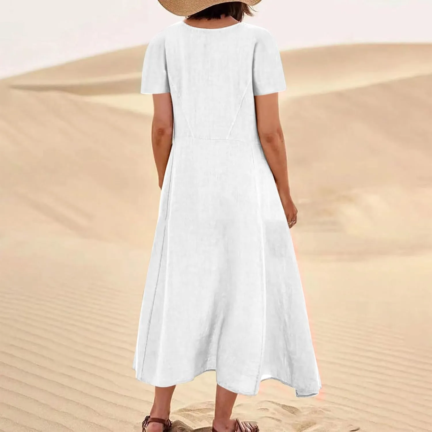 Women's Summer Cotton Linen Midi Dress 2025 Vacation Short Sleeve Scoop Neck Flowy Dresses Loose Comfy Beach Sundress