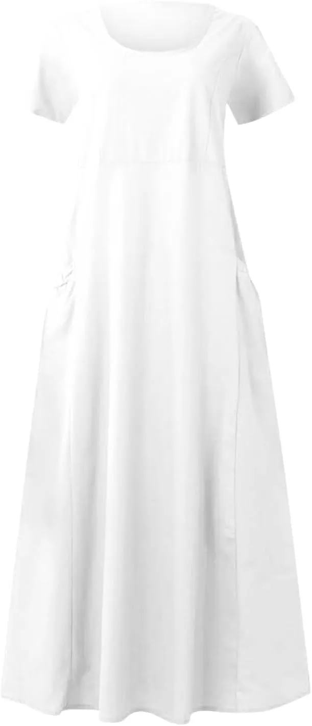 Women's Summer Cotton Linen Midi Dress 2025 Vacation Short Sleeve Scoop Neck Flowy Dresses Loose Comfy Beach Sundress