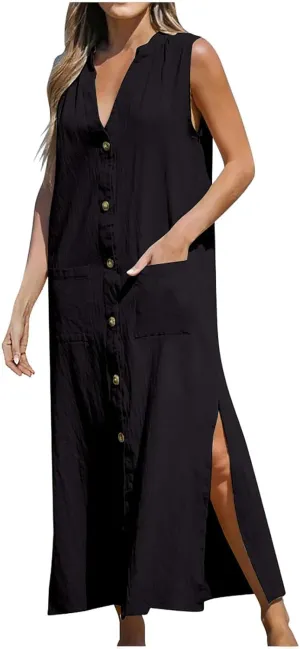 Womens Summer Maxi Dress Casual Loose Pockets Sleeveless Tank Button Down Dress Beach Cover Up Vacation Long Dresses
